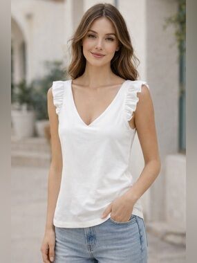 New Elizabeth McKay White Ruffle Sleeve Tank Top